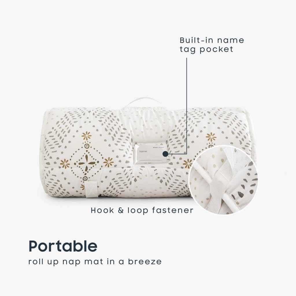 Wake In Cloud - Extra Long Nap Mat with Removable Pillow for Kids Toddler Boys Girls Daycare Preschool Kindergarten Sleeping Bag, Beige Boho Pattern Printed on Ivory Cream, 100% Soft Microfiber