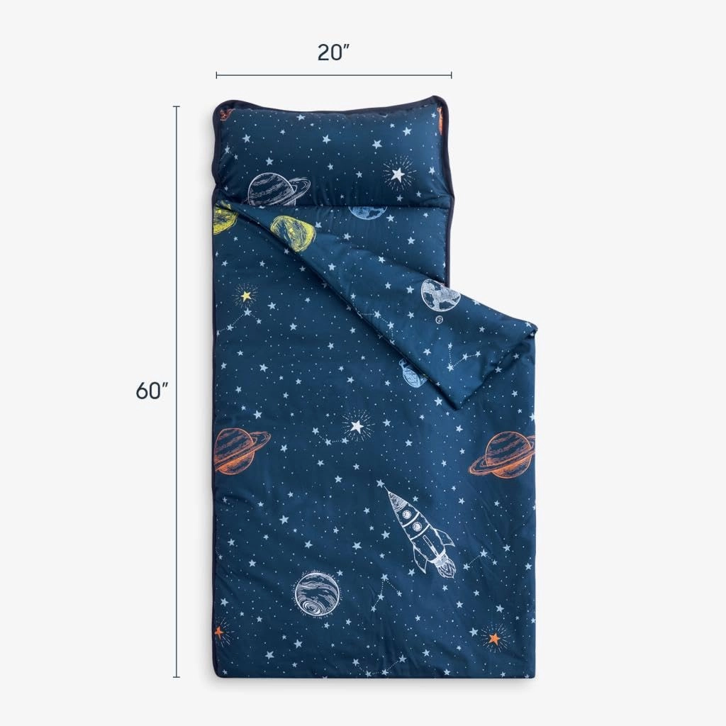 Wake In Cloud - Toddler Nap Mat with Pillow and Blanket, for Kids Boys in Kindergarten Daycare Preschool Pre K, Roll Up Sleeping Bag, Spaces Stars Planet Galaxy, Navy White Orange, Extra Long