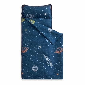 Wake In Cloud - Toddler Nap Mat with Pillow and Blanket, for Kids Boys in Kindergarten Daycare Preschool Pre K, Roll Up Sleeping Bag, Spaces Stars Planet Galaxy, Navy White Orange, Extra Long