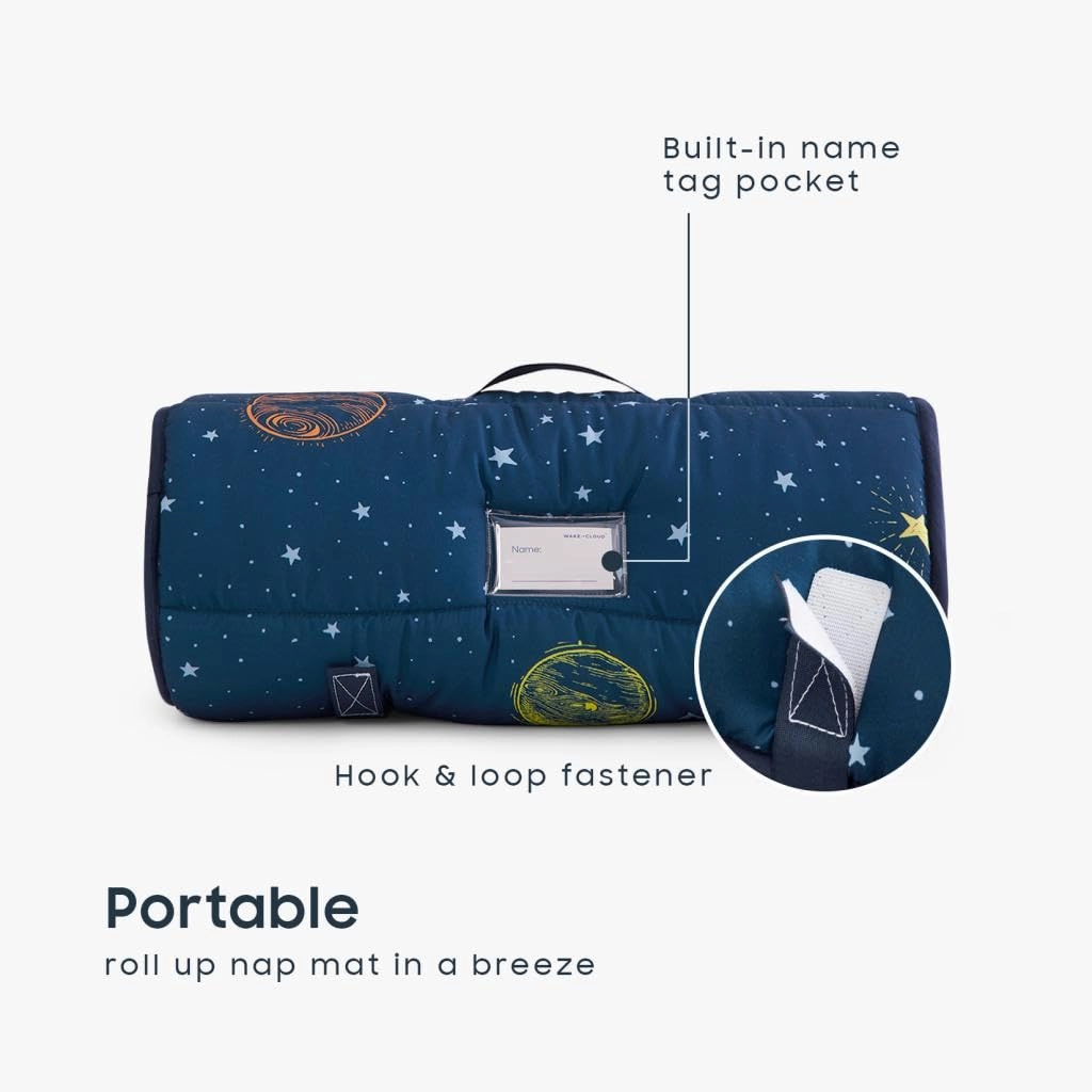 Wake In Cloud - Toddler Nap Mat with Pillow and Blanket, for Kids Boys in Kindergarten Daycare Preschool Pre K, Roll Up Sleeping Bag, Spaces Stars Planet Galaxy, Navy White Orange, Extra Long