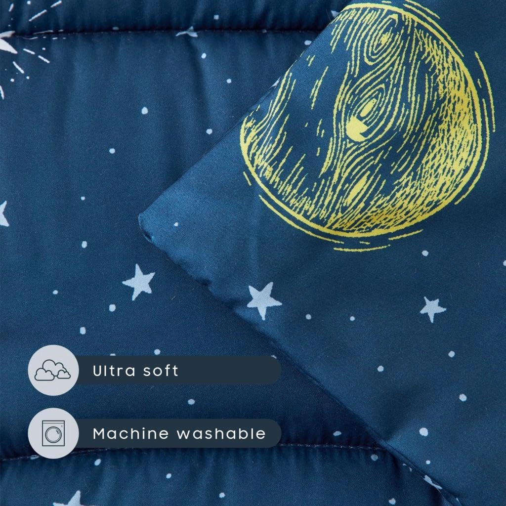 Wake In Cloud - Toddler Nap Mat with Pillow and Blanket, for Kids Boys in Kindergarten Daycare Preschool Pre K, Roll Up Sleeping Bag, Spaces Stars Planet Galaxy, Navy White Orange, Extra Long