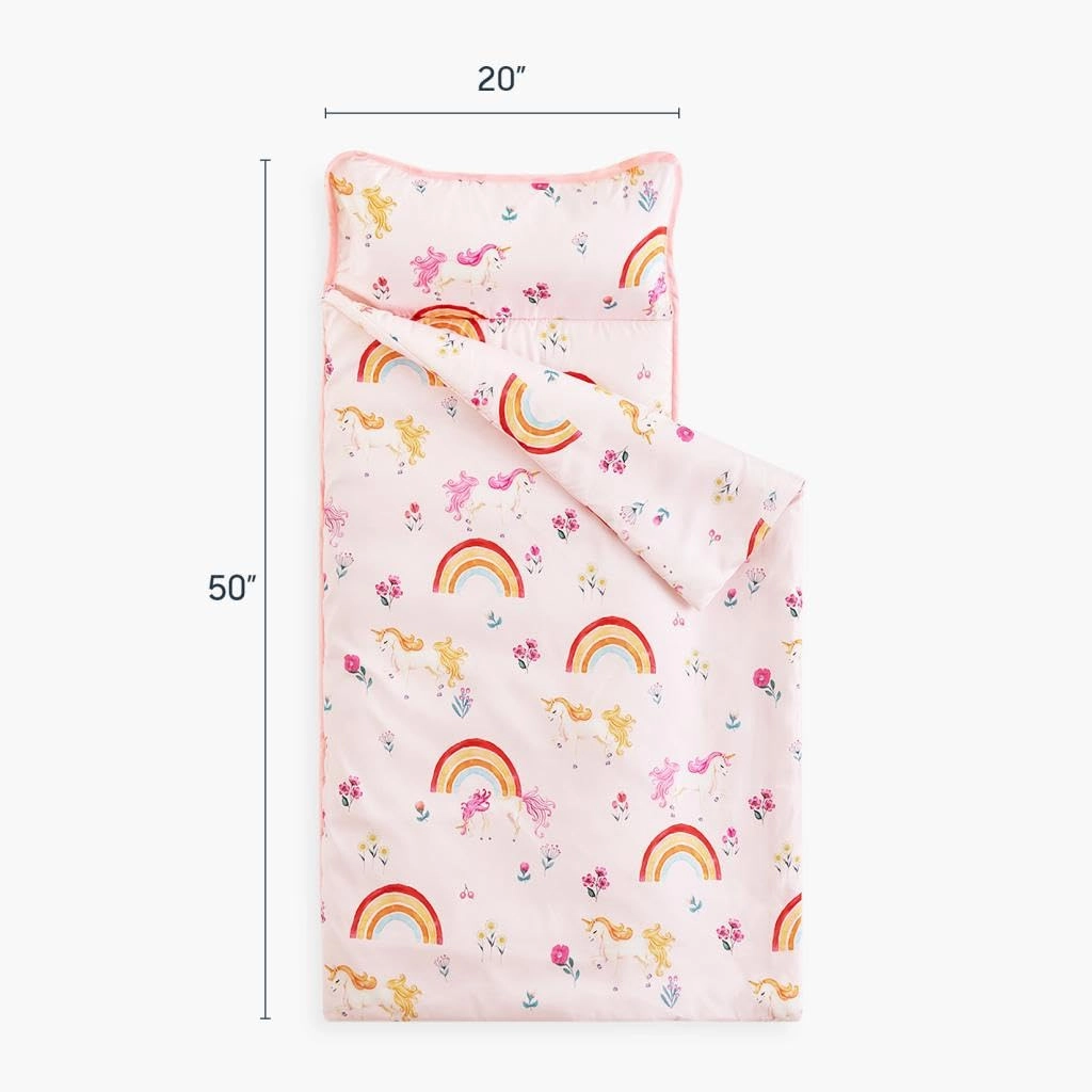 Wake In Cloud - Toddler Nap Mat with Pillow and Blanket, for Kids Girls in Kindergarten Daycare Preschool Pre K, Roll Up Sleeping Bag, Colorful Rainbows, Pink Red, Standard