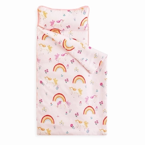 Wake In Cloud - Toddler Nap Mat with Pillow and Blanket, for Kids Girls in Kindergarten Daycare Preschool Pre K, Roll Up Sleeping Bag, Colorful Rainbows, Pink Red, Standard