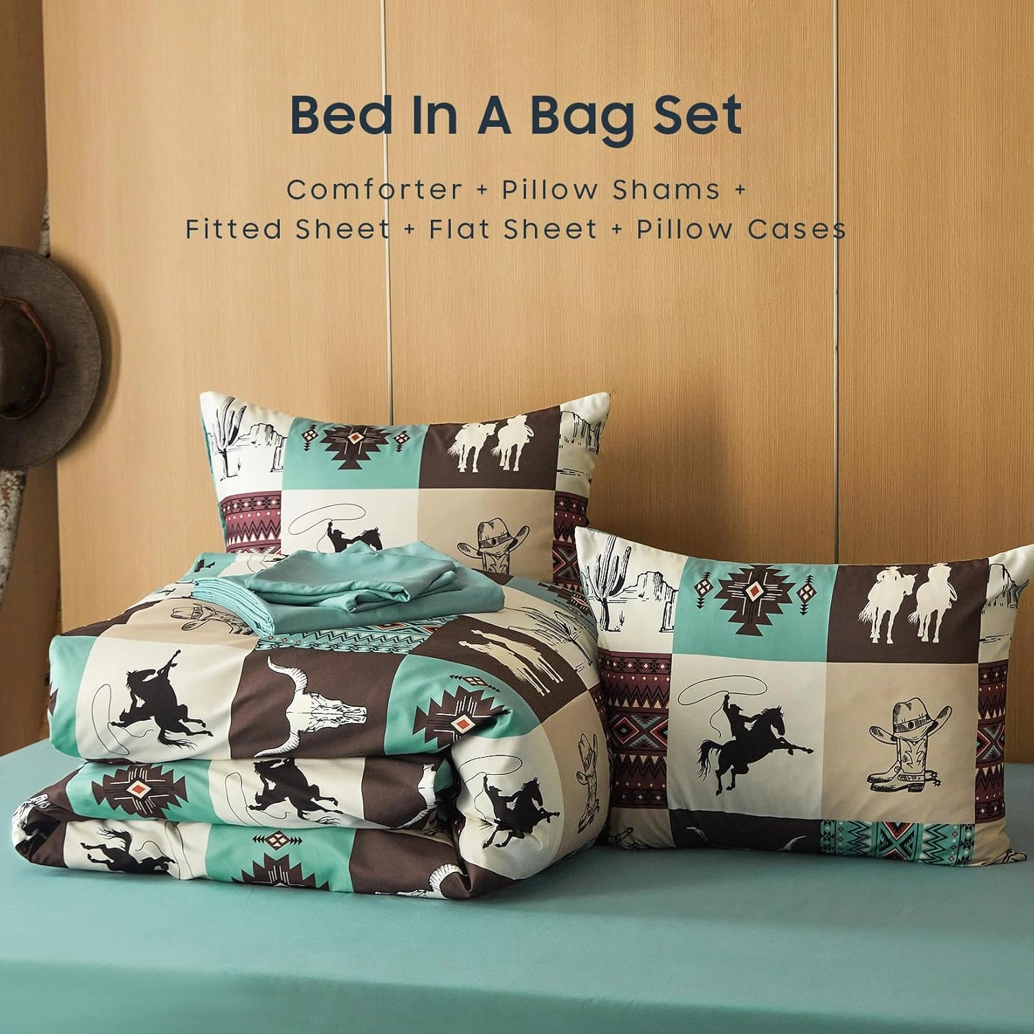 Wake In Cloud - Western Comforter Set with Sheets, Southwestern Aztec Country Horse Cowboy Ranch Tribal Native American, 7 Pieces Bed in a Bag, Turquoise Taupe, Queen Size