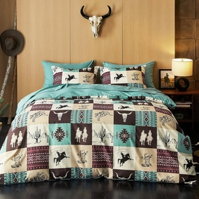 Wake In Cloud - Western Comforter Set with Sheets, Southwestern Aztec Country Horse Cowboy Ranch Tribal Native American, 7 Pieces Bed in a Bag, Turquoise Taupe, Queen Size