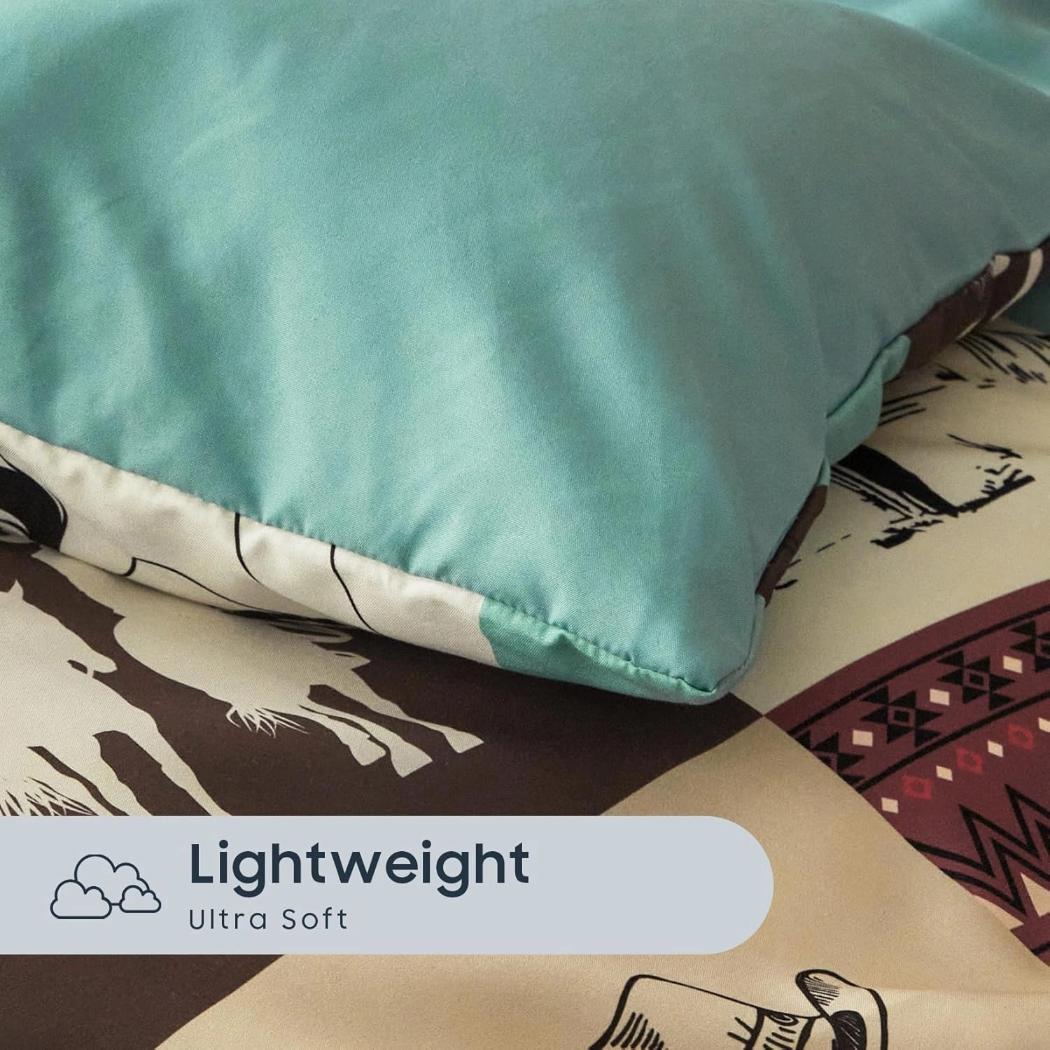 Wake In Cloud - Western Comforter Set with Sheets, Southwestern Aztec Country Horse Cowboy Ranch Tribal Native American, 7 Pieces Bed in a Bag, Turquoise Taupe, Queen Size