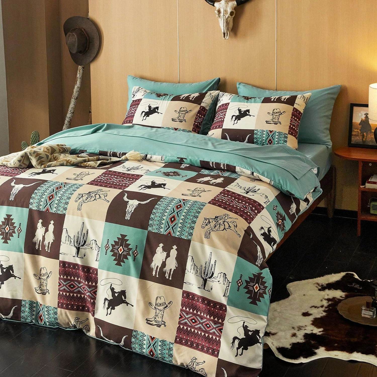Wake In Cloud - Western Comforter Set with Sheets, Southwestern Aztec Country Horse Cowboy Ranch Tribal Native American, 7 Pieces Bed in a Bag, Turquoise Taupe, Queen Size