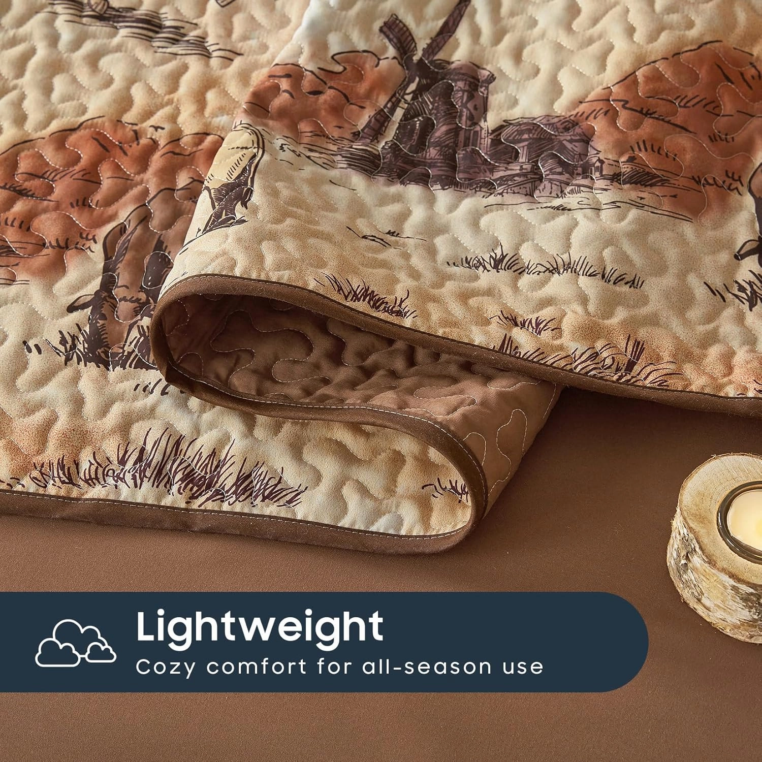 Wake In Cloud - Western Quilt Set, Cowboy Southwestern Country Vintage Native American Rustic Ranch Life, Reversible Lightweight Bedspread Coverlet, 3 Pieces, Ochre Brown, King Size