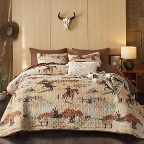 Wake In Cloud - Western Quilt Set, Cowboy Southwestern Country Vintage Native American Rustic Ranch Life, Reversible Lightweight Bedspread Coverlet, 3 Pieces, Ochre Brown, King Size