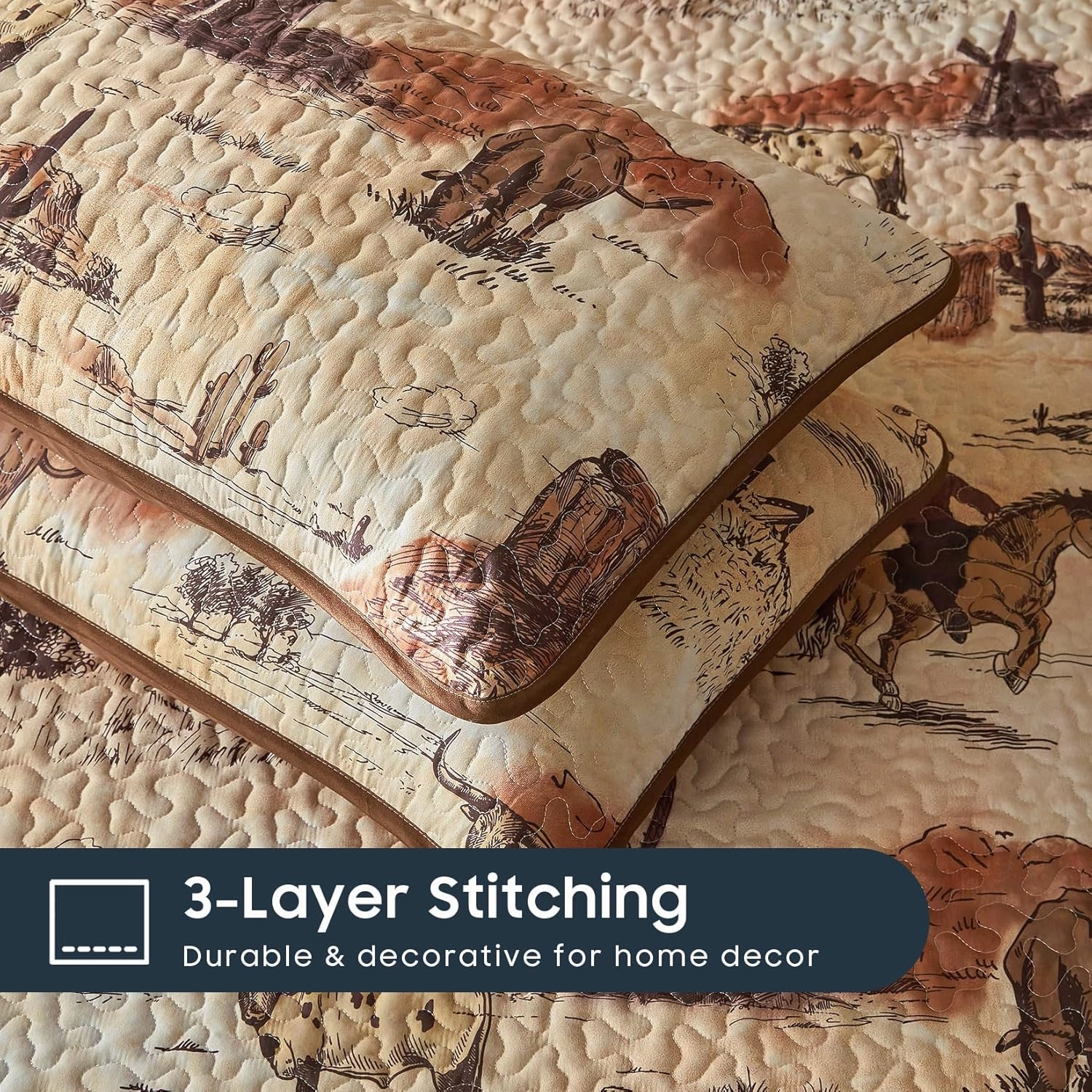 Wake In Cloud - Western Quilt Set, Cowboy Southwestern Country Vintage Native American Rustic Ranch Life, Reversible Lightweight Bedspread Coverlet, 3 Pieces, Ochre Brown, King Size