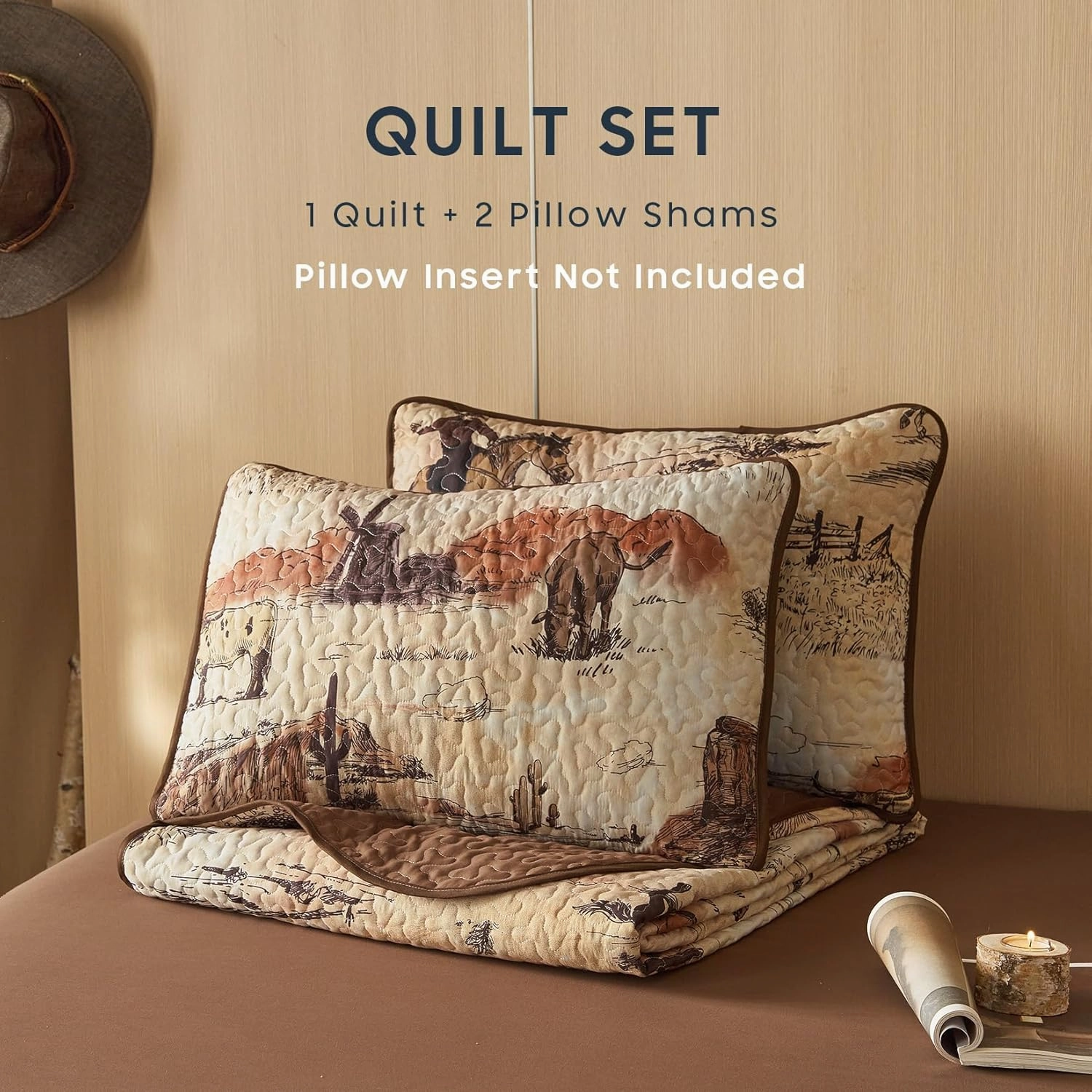 Wake In Cloud - Western Quilt Set, Cowboy Southwestern Country Vintage Native American Rustic Ranch Life, Reversible Lightweight Bedspread Coverlet, 3 Pieces, Ochre Brown, King Size