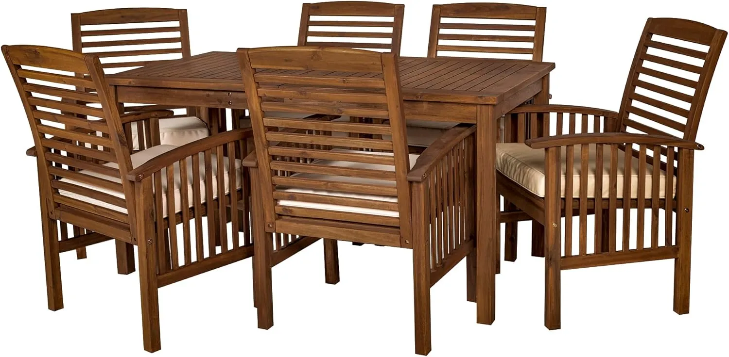 Walker Edison Rendezvous Modern 7 Piece Solid Acacia Wood Outdoor Dining Set, Set of 7, Dark Brown