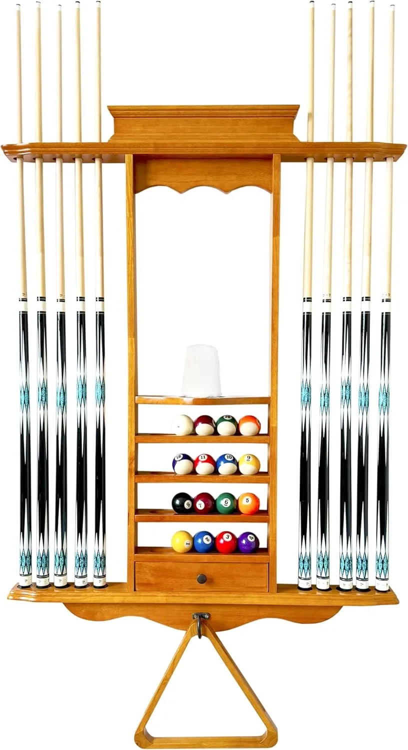 Wall Pool Stick Holder, Billiard Cue Rack, Wooden Pool Cue Holder for 10 Cue Sticks Storage Full Set Pool Table Accessories (OAK)