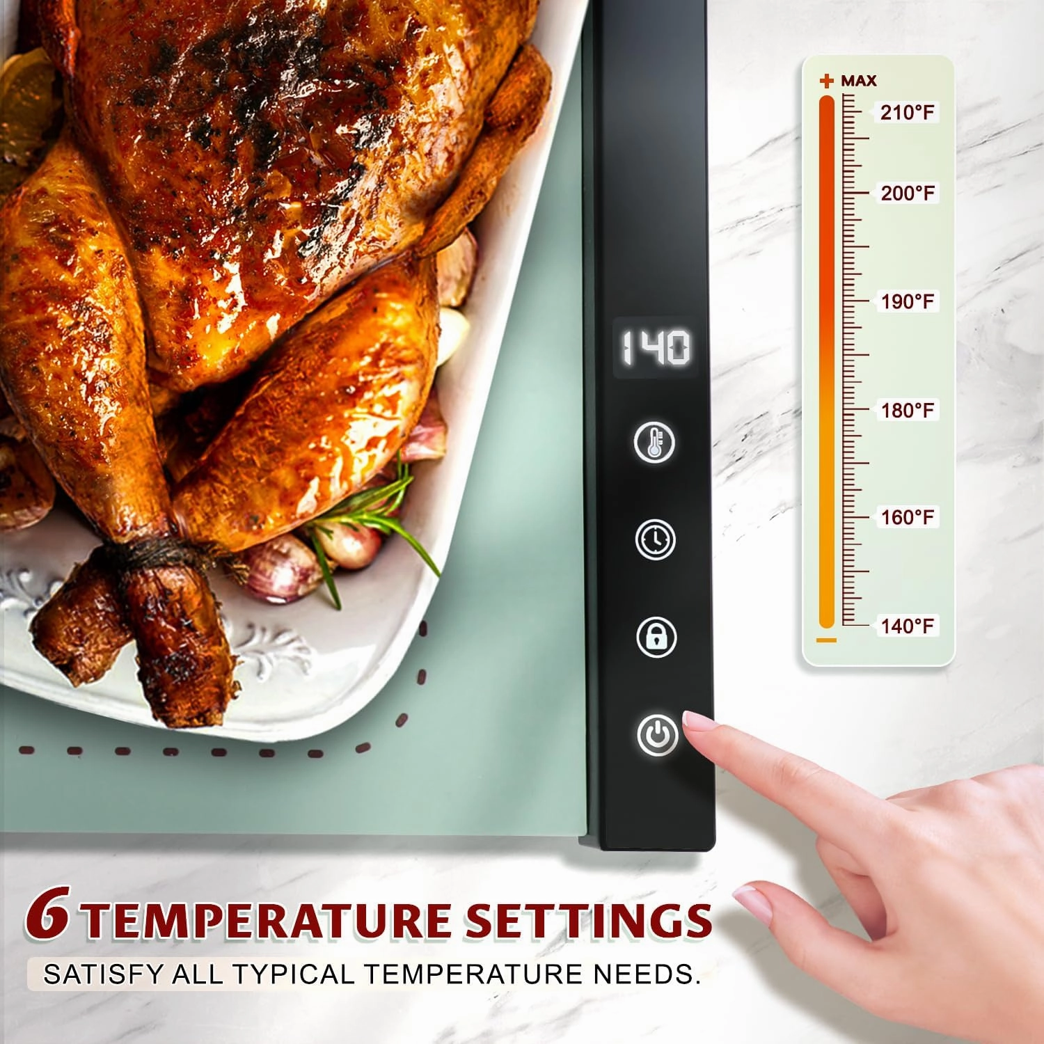 Warming Mat for Food - Full Surface Rapid Heating, Rollable & Portable Food Warmer Mat with 6 Temperature Settings and 1-4 hours adjustable Timer, Silicone Heating Mat for Party Buffet (Grayish green)