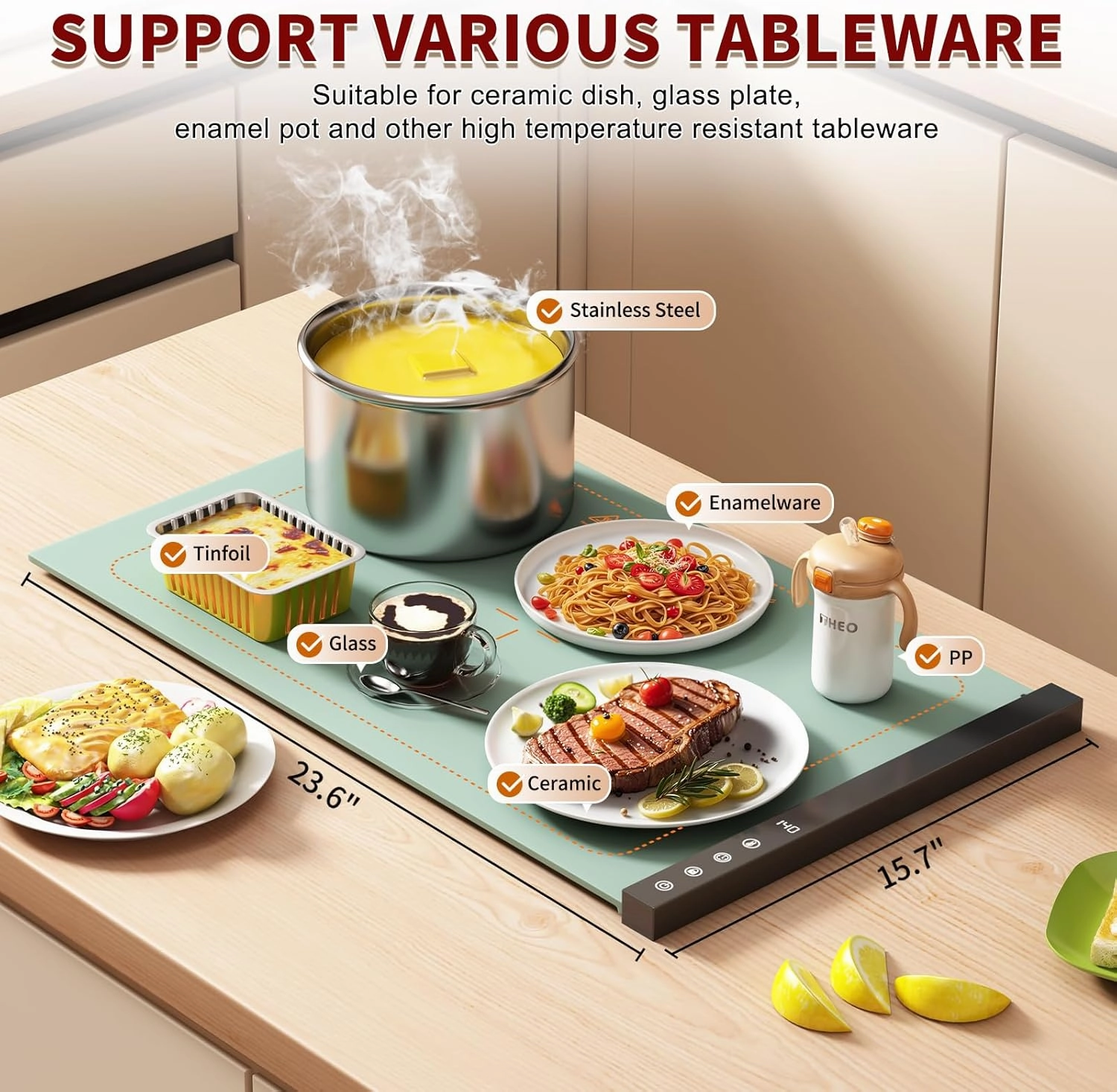Warming Mat for Food - Full Surface Rapid Heating, Rollable & Portable Food Warmer Mat with 6 Temperature Settings and 1-4 hours adjustable Timer, Silicone Heating Mat for Party Buffet (Grayish green)