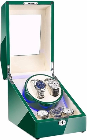 Watch Winder Automatic Watch Winder,Watches and Jewelry Watch Winder Box for 2 Automatic Watch   3 Storage Space Green Piano Paint Finish Built-in LED Light Dua