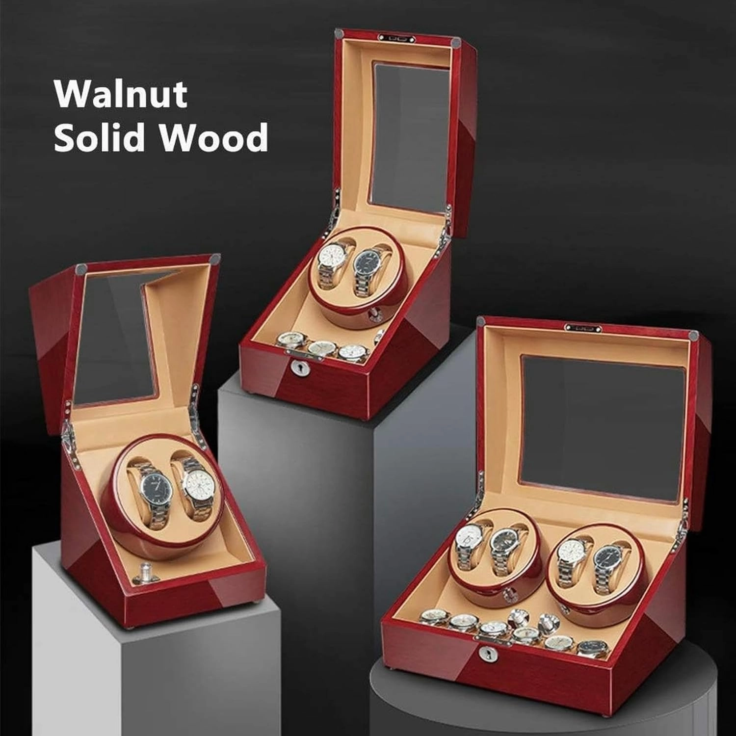 Watch Winder Box for Automatic Watches Walnut Solid Wood Piano Varnish Exterior Adapter and Battery Operated Quiet Motor Watch Winder Display Watch Box Storage