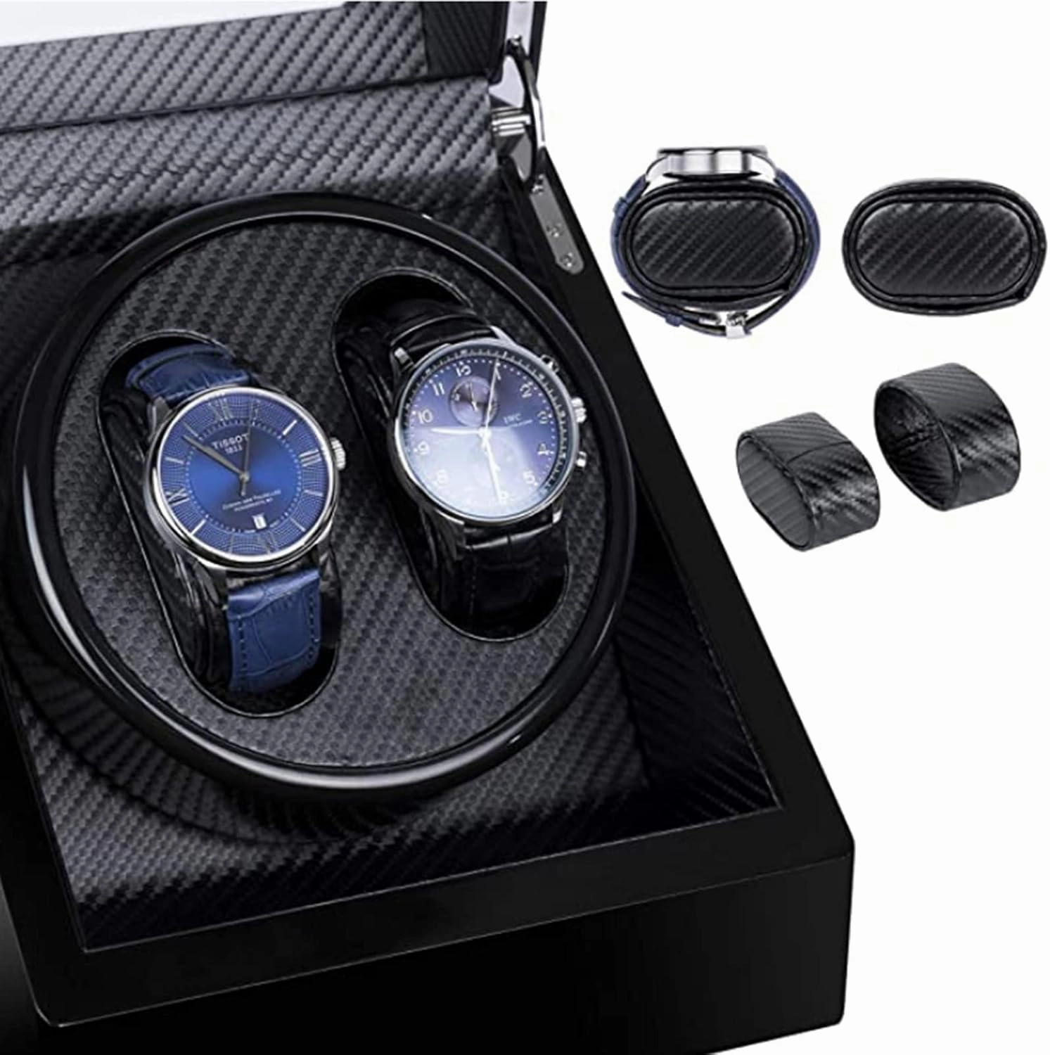 Watch Winder Double Watch Winder with Blue Led Backlight - Wooden Piano Paint - Carbon Fiber Lining - Storage for 2 Watches Travel Case - Quiet Motor - 5 Modes