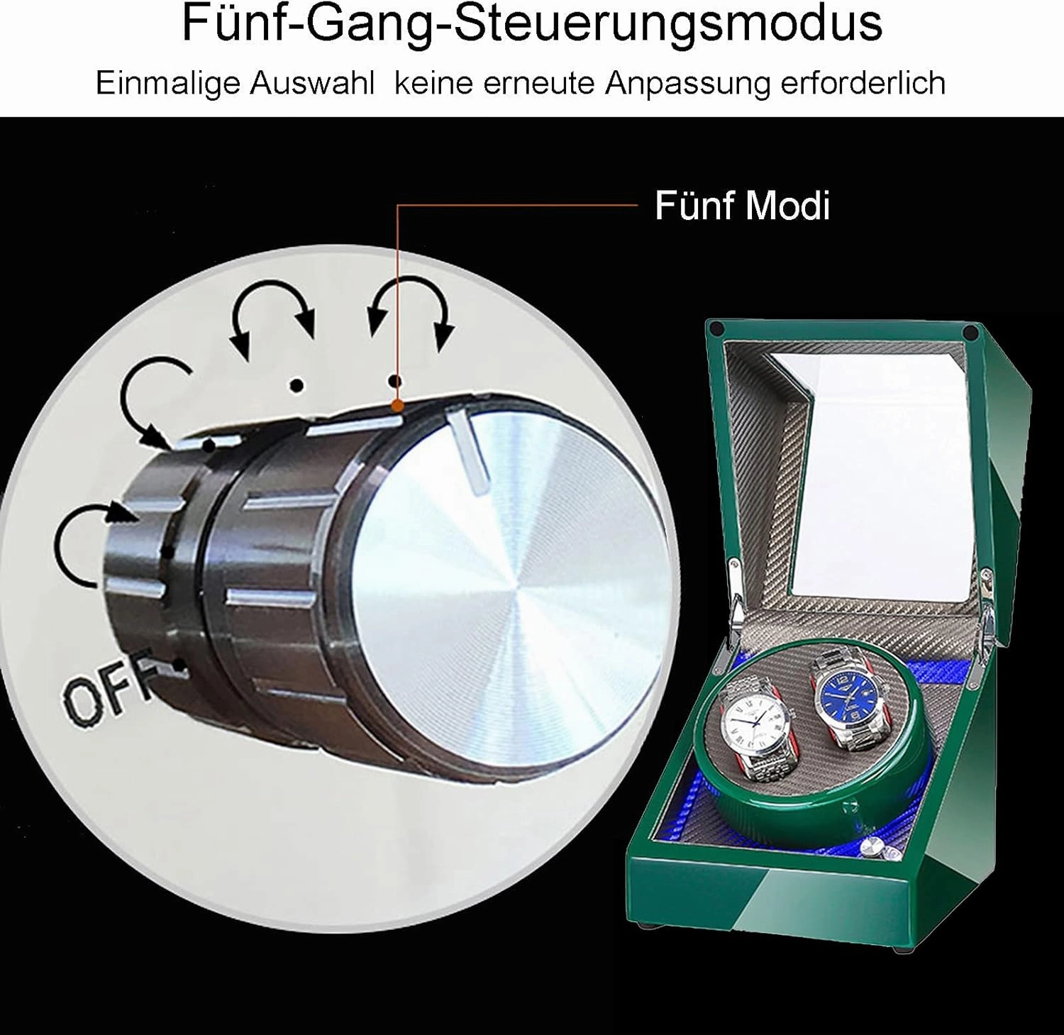 Watch Winder Double Watch Winder with Blue Led Backlight - Wooden Piano Paint - Carbon Fiber Lining - Storage for 2 Watches Travel Case - Quiet Motor - 5 Modes