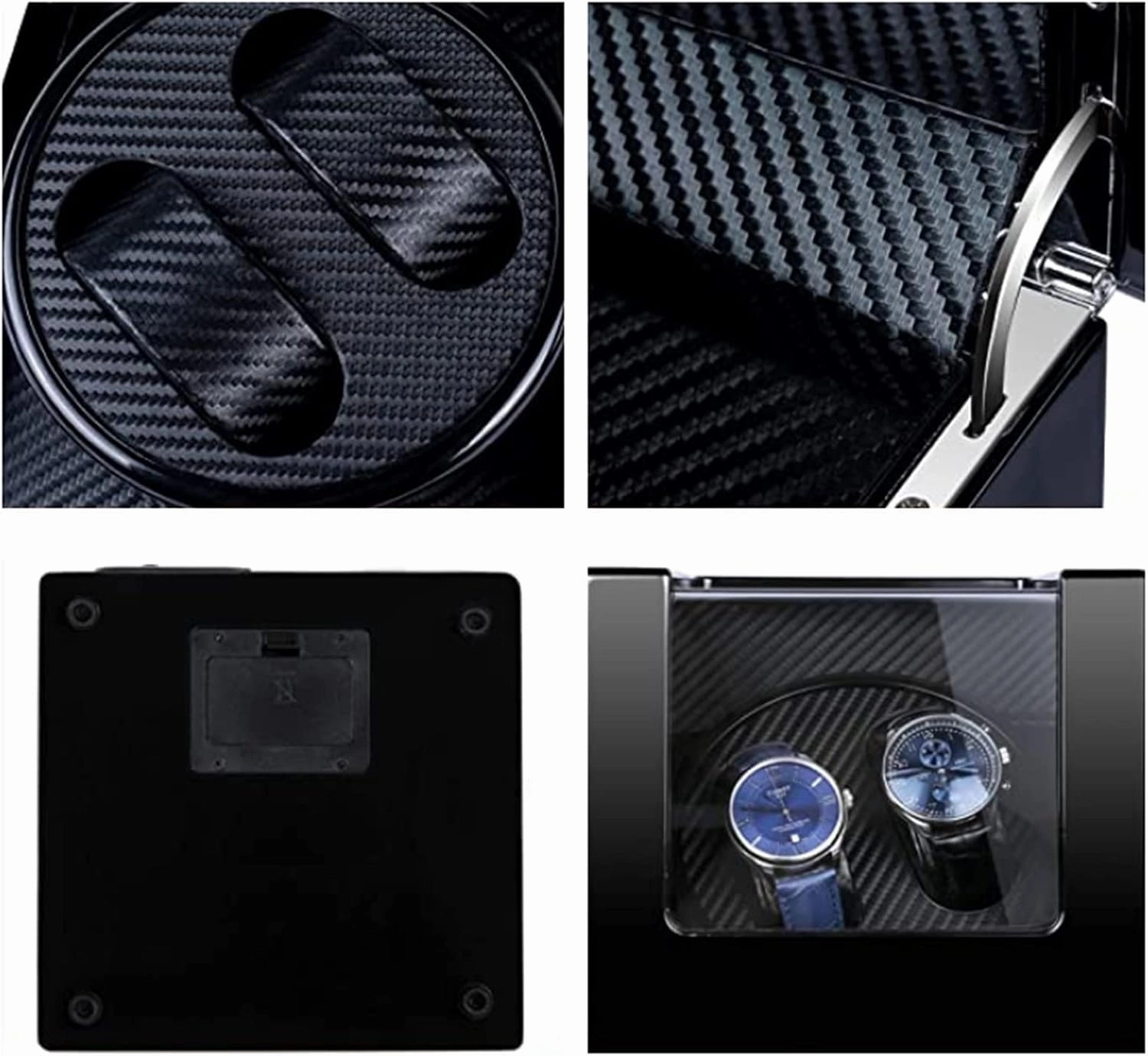 Watch Winder Double Watch Winder with Blue Led Backlight - Wooden Piano Paint - Carbon Fiber Lining - Storage for 2 Watches Travel Case - Quiet Motor - 5 Modes