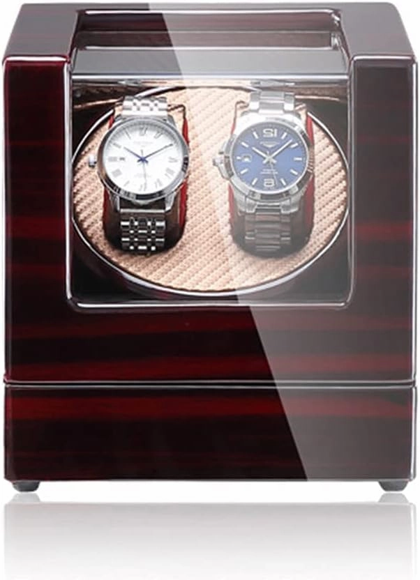 Watch Winder Double Watch Winder with Blue Led Backlight - Wooden Piano Paint - Carbon Fiber Lining - Storage for 2 Watches Travel Case - Quiet Motor - 5 Modes
