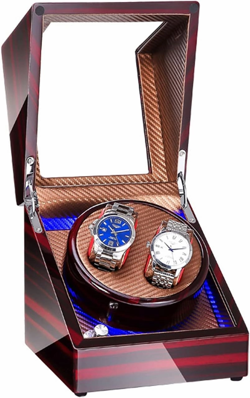 Watch Winder Double Watch Winder with Blue Led Backlight - Wooden Piano Paint - Carbon Fiber Lining - Storage for 2 Watches Travel Case - Quiet Motor - 5 Modes