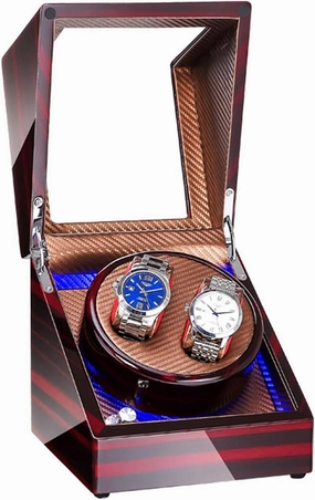 Watch Winder Double Watch Winder with Blue Led Backlight - Wooden Piano Paint - Carbon Fiber Lining - Storage for 2 Watches Travel Case - Quiet Motor - 5 Modes