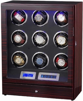 Watch Winder Storages Box for 9 Watches Quiet Motor Touch LCD display Digital Display LED Illumination with Drawer Luxury Wooden Leather Pillows