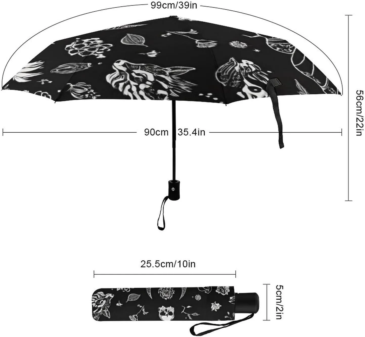 Water Repellent Travel Auto Folding Umbrella for Kids Women Men, Golf Umbrellas Reinforced Canopy 8 Ribs, Auto Open & Close, Goth Spirit Board Witch Skull Black Art Rain & Wind Parasol