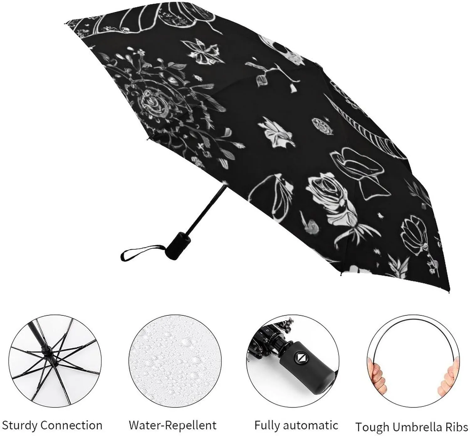 Water Repellent Travel Auto Folding Umbrella for Kids Women Men, Golf Umbrellas Reinforced Canopy 8 Ribs, Auto Open & Close, Goth Spirit Board Witch Skull Black Art Rain & Wind Parasol