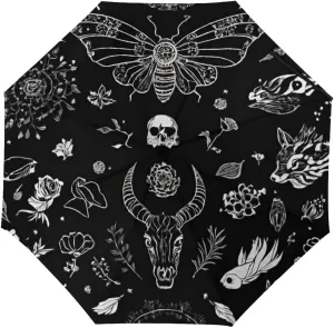 Water Repellent Travel Auto Folding Umbrella for Kids Women Men, Golf Umbrellas Reinforced Canopy 8 Ribs, Auto Open & Close, Goth Spirit Board Witch Skull Black Art Rain & Wind Parasol