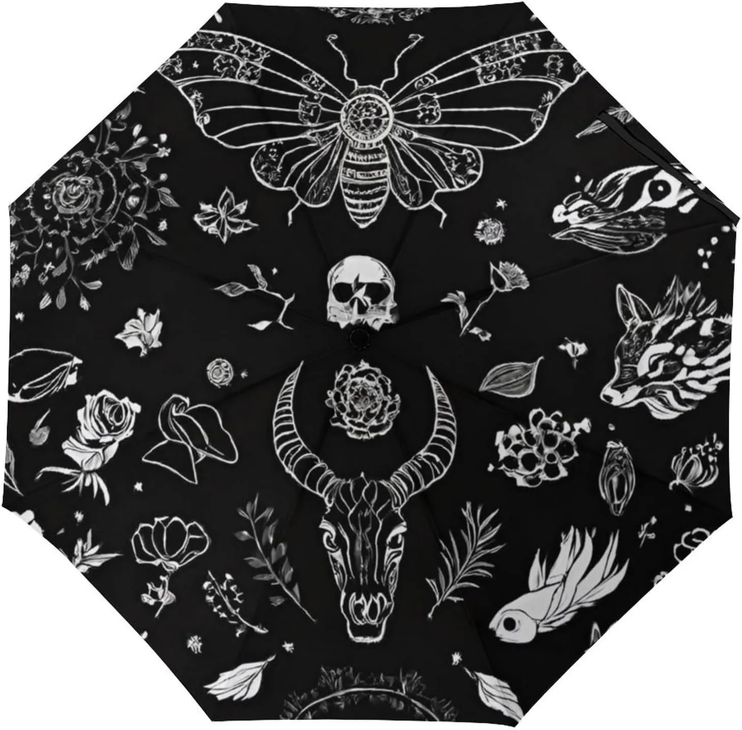 Water Repellent Travel Auto Folding Umbrella for Kids Women Men, Golf Umbrellas Reinforced Canopy 8 Ribs, Auto Open & Close, Goth Spirit Board Witch Skull Black Art Rain & Wind Parasol