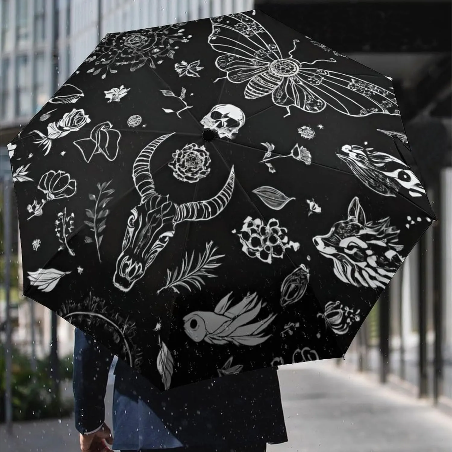Water Repellent Travel Auto Folding Umbrella for Kids Women Men, Golf Umbrellas Reinforced Canopy 8 Ribs, Auto Open & Close, Goth Spirit Board Witch Skull Black Art Rain & Wind Parasol