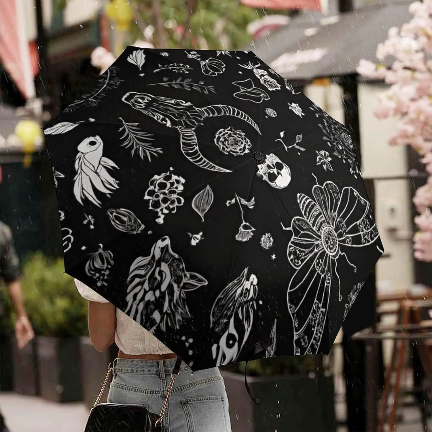 Water Repellent Travel Auto Folding Umbrella for Kids Women Men, Golf Umbrellas Reinforced Canopy 8 Ribs, Auto Open & Close, Goth Spirit Board Witch Skull Black Art Rain & Wind Parasol