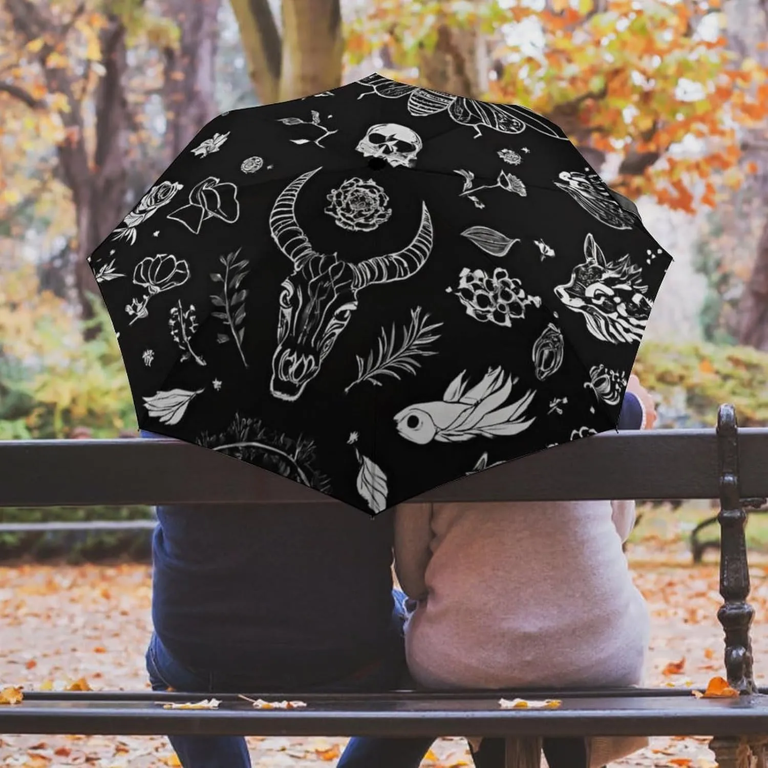 Water Repellent Travel Auto Folding Umbrella for Kids Women Men, Golf Umbrellas Reinforced Canopy 8 Ribs, Auto Open & Close, Goth Spirit Board Witch Skull Black Art Rain & Wind Parasol
