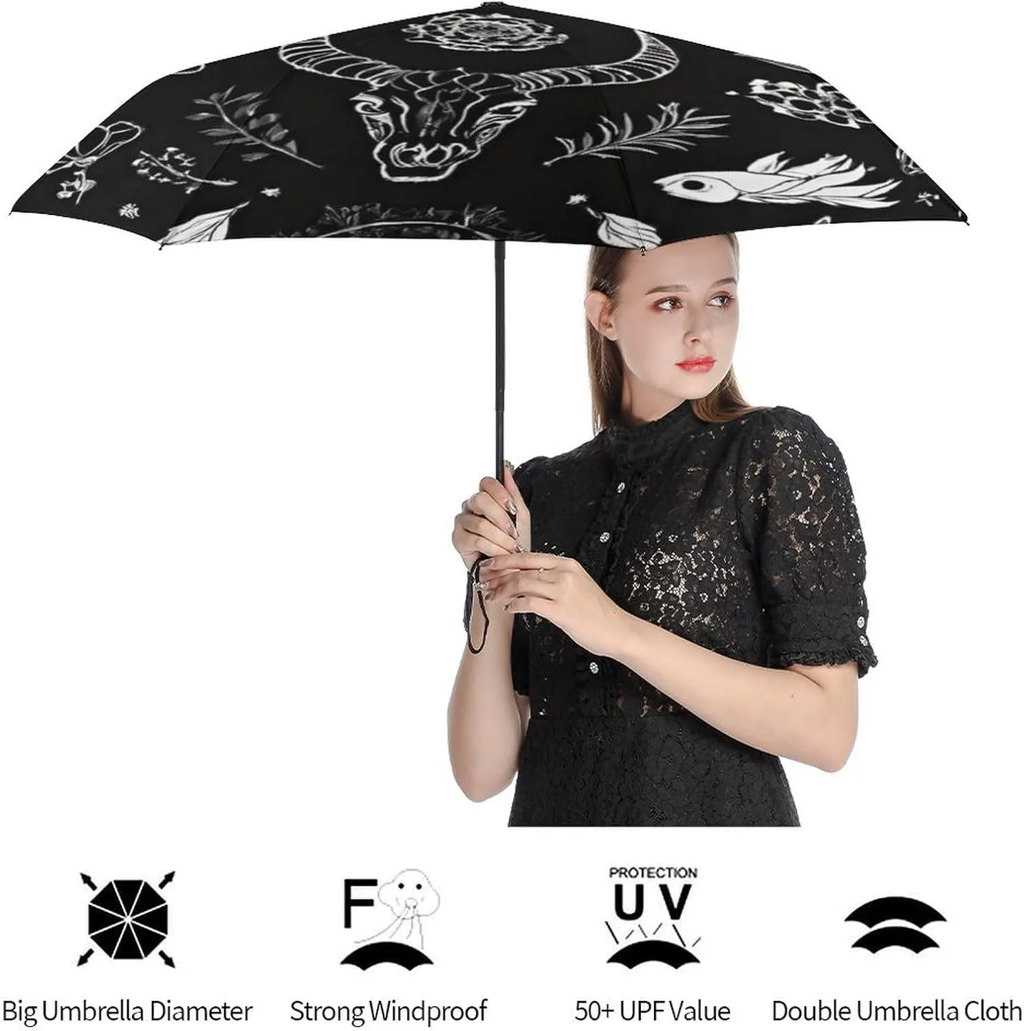 Water Repellent Travel Auto Folding Umbrella for Kids Women Men, Golf Umbrellas Reinforced Canopy 8 Ribs, Auto Open & Close, Goth Spirit Board Witch Skull Black Art Rain & Wind Parasol