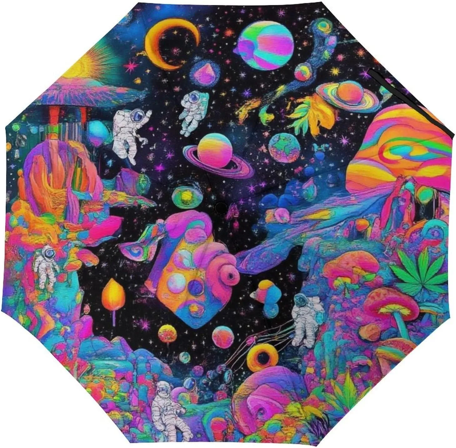 Water Repellent Travel Umbrella for Women Men Kids, Outdoor Umbrellas with Ergonomic Handle, Auto Open/Close, Trippy Space Astronauts Mushroom Art Sun Protection Umbrellas