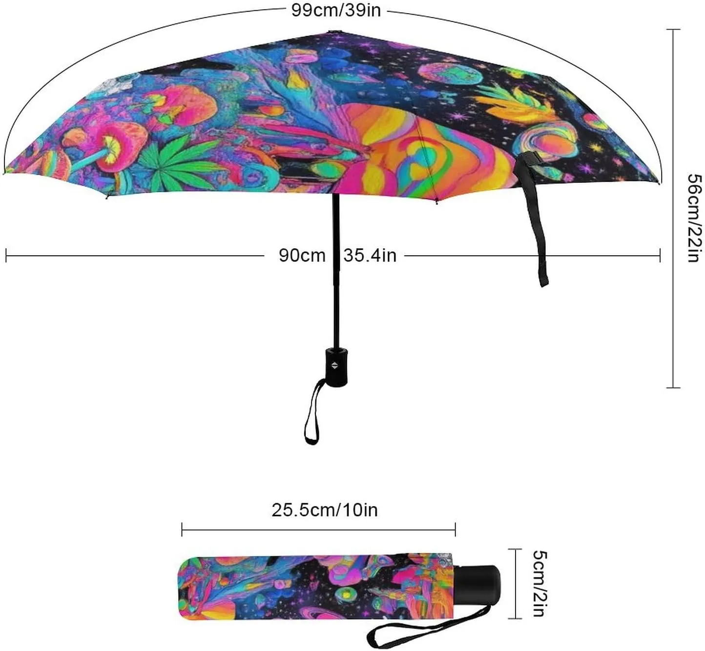 Water Repellent Travel Umbrella for Women Men Kids, Outdoor Umbrellas with Ergonomic Handle, Auto Open/Close, Trippy Space Astronauts Mushroom Art Sun Protection Umbrellas