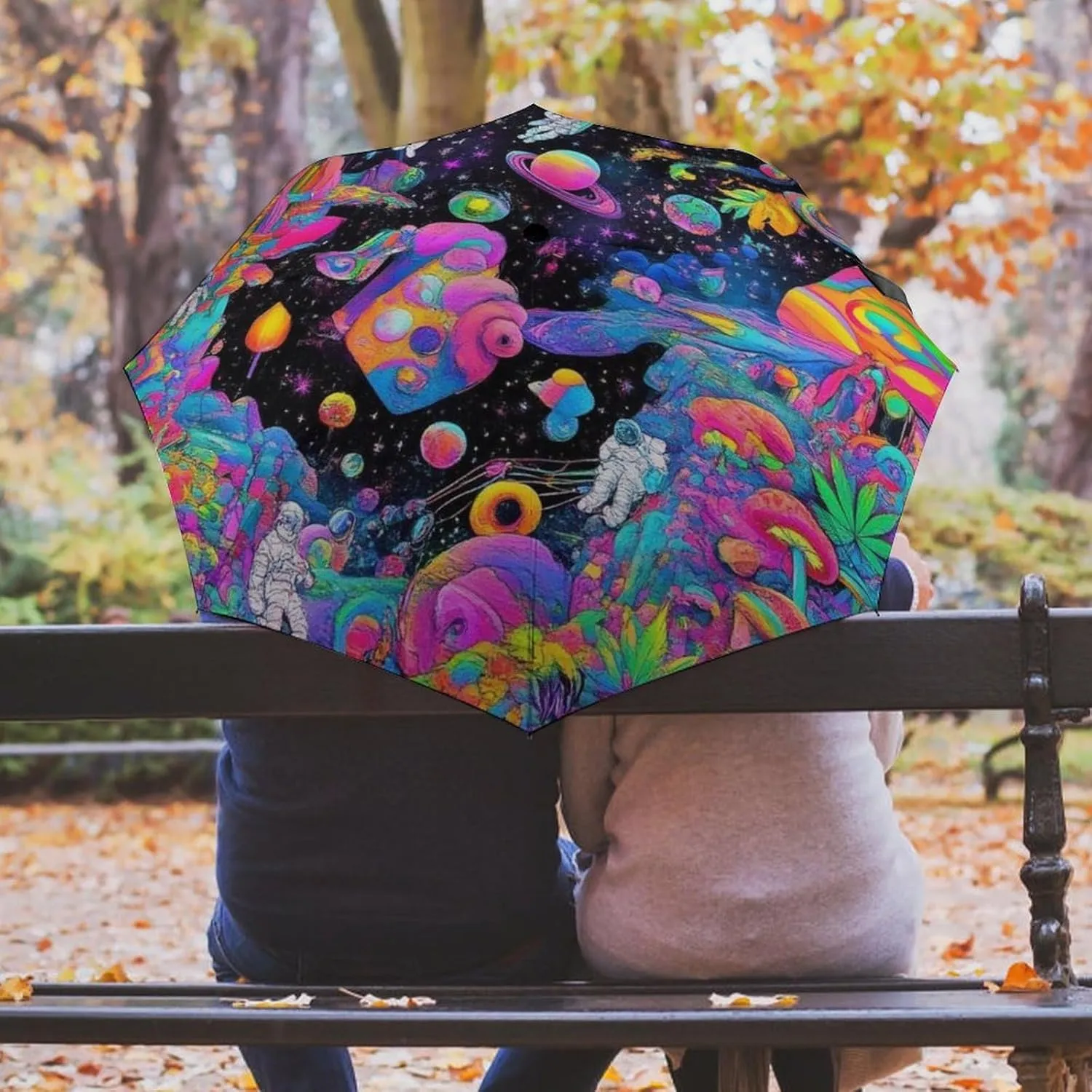 Water Repellent Travel Umbrella for Women Men Kids, Outdoor Umbrellas with Ergonomic Handle, Auto Open/Close, Trippy Space Astronauts Mushroom Art Sun Protection Umbrellas