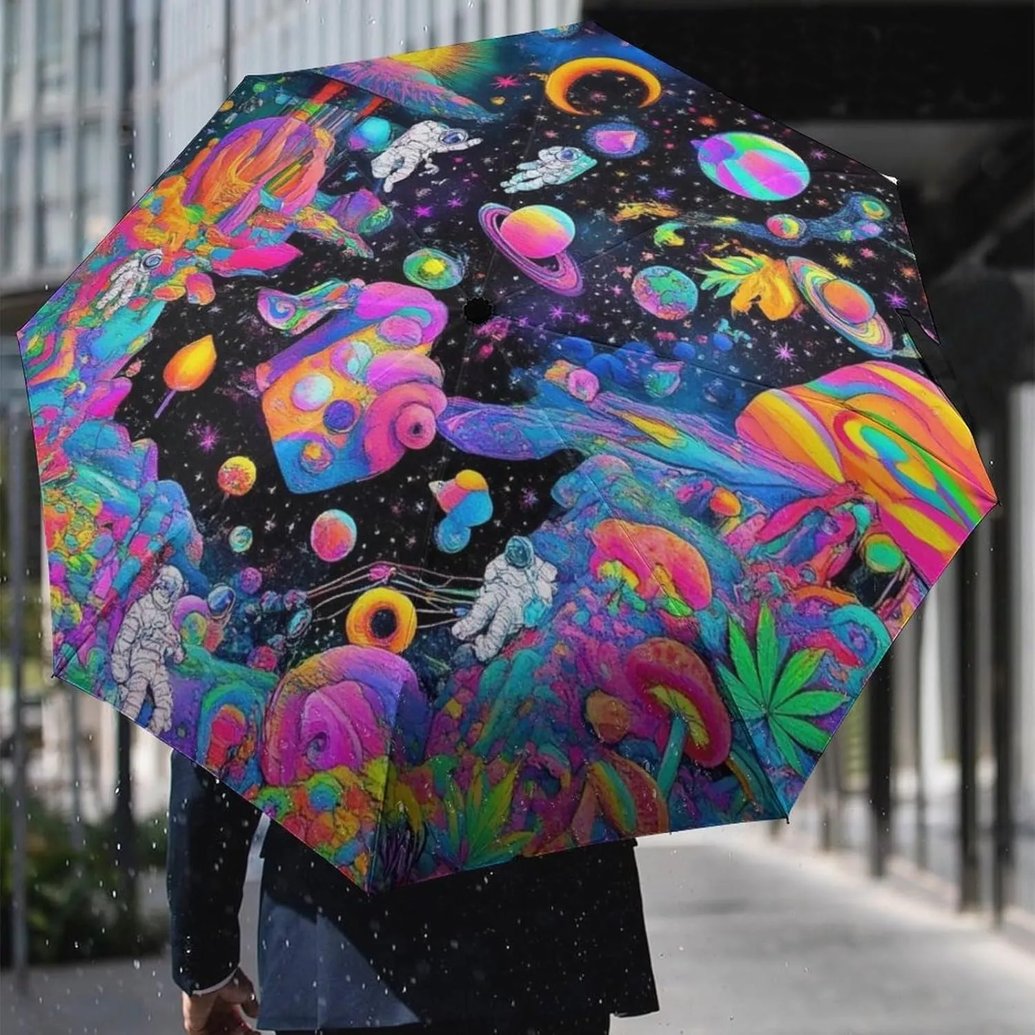 Water Repellent Travel Umbrella for Women Men Kids, Outdoor Umbrellas with Ergonomic Handle, Auto Open/Close, Trippy Space Astronauts Mushroom Art Sun Protection Umbrellas