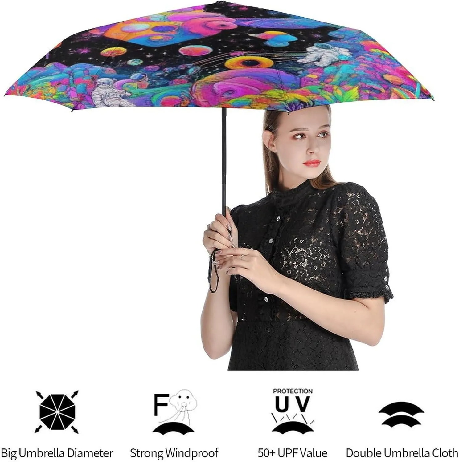 Water Repellent Travel Umbrella for Women Men Kids, Outdoor Umbrellas with Ergonomic Handle, Auto Open/Close, Trippy Space Astronauts Mushroom Art Sun Protection Umbrellas