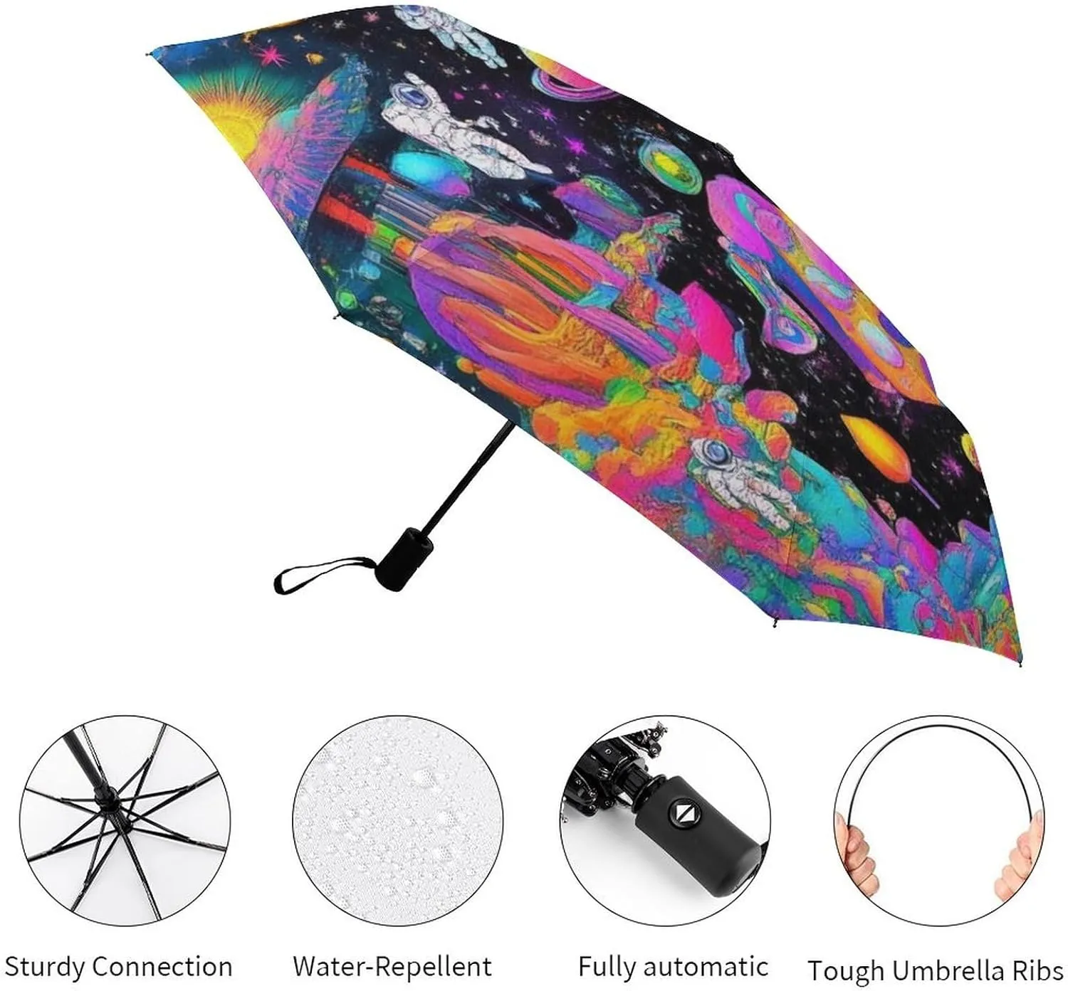 Water Repellent Travel Umbrella for Women Men Kids, Outdoor Umbrellas with Ergonomic Handle, Auto Open/Close, Trippy Space Astronauts Mushroom Art Sun Protection Umbrellas
