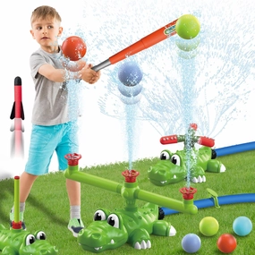 Water Sprinkler Baseball Toy for Kids, 4 in 1 Outdoor Water Spray T Ball Set with 2 Sprinkler Heads and Rocket, Attaches to Garden Hose, Summer 360° Roating Spray Toys for Boys Girls Ages 3 