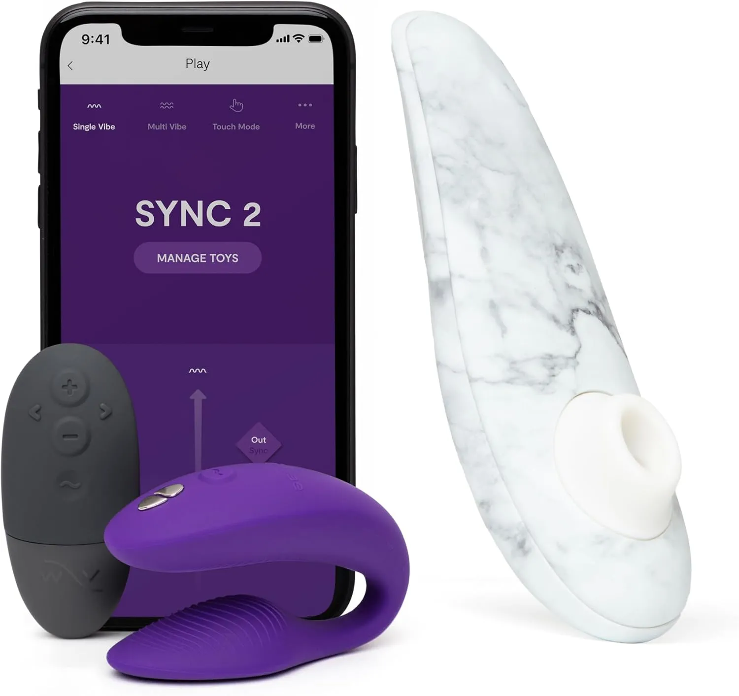 We-Vibe Sync 2 Purple App Control Couples Vibrator & Womanizer Special Edition Clitoris Vibrator White - Couples Sex Toys Bundle