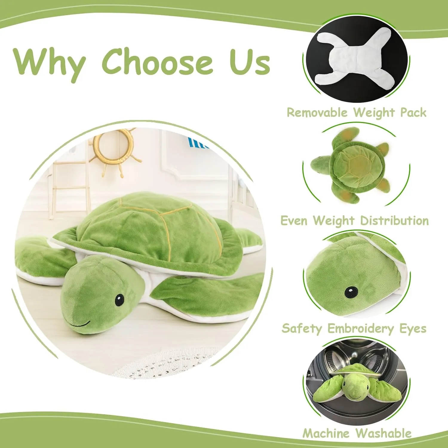 Weighted Sea Turtle Plush Toy - 20 Inches, 2.3 lbs, Soft & Removable Weight for Kids and Adults - Embroidered Eyes, Stress Relief & Comfort