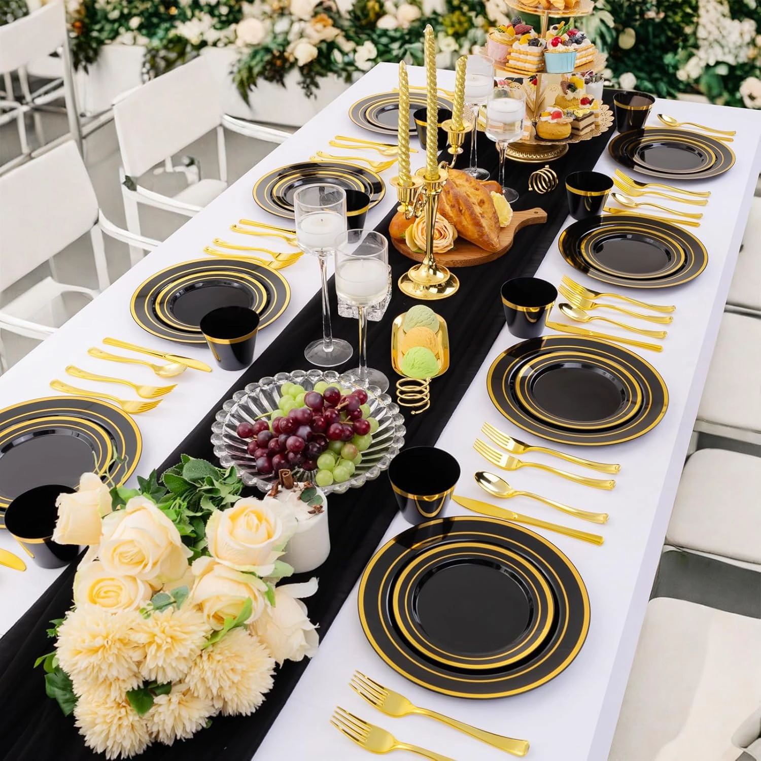WELLIFE 600 PCS Black and Gold Disposable Dinnerware Set for 100 Guests, Gold rimmed Plastic Dinner Plates,Salad Plates,Cups,Silverware Set for Party Supplies and Easter Events