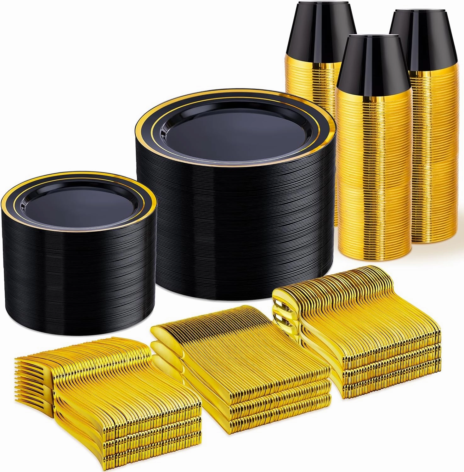 WELLIFE 600 PCS Black and Gold Disposable Dinnerware Set for 100 Guests, Gold rimmed Plastic Dinner Plates,Salad Plates,Cups,Silverware Set for Party Supplies and Easter Events