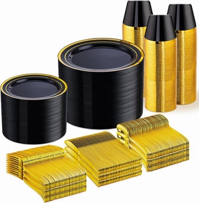 WELLIFE 600 PCS Black and Gold Disposable Dinnerware Set for 100 Guests, Gold rimmed Plastic Dinner Plates,Salad Plates,Cups,Silverware Set for Party Supplies and Easter Events