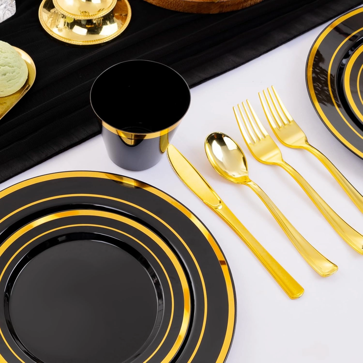 WELLIFE 600 PCS Black and Gold Disposable Dinnerware Set for 100 Guests, Gold rimmed Plastic Dinner Plates,Salad Plates,Cups,Silverware Set for Party Supplies and Easter Events