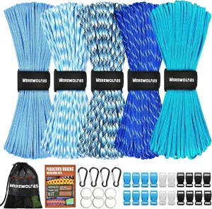 WEREWOLVES 550 Paracord Kits 100ft Each Color - 5 Colors Parachute Cord Combo 7 Strand Type III Parachute Cord 4mm for Crafting, Dog Collar, Survival Bracelets